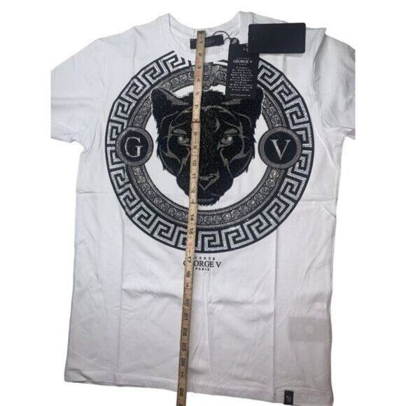 AVENUE GEORGE V Paris Men's‎ White Graphic T-Shirt With Black Panther Rhinestone - Picture 5 of 14